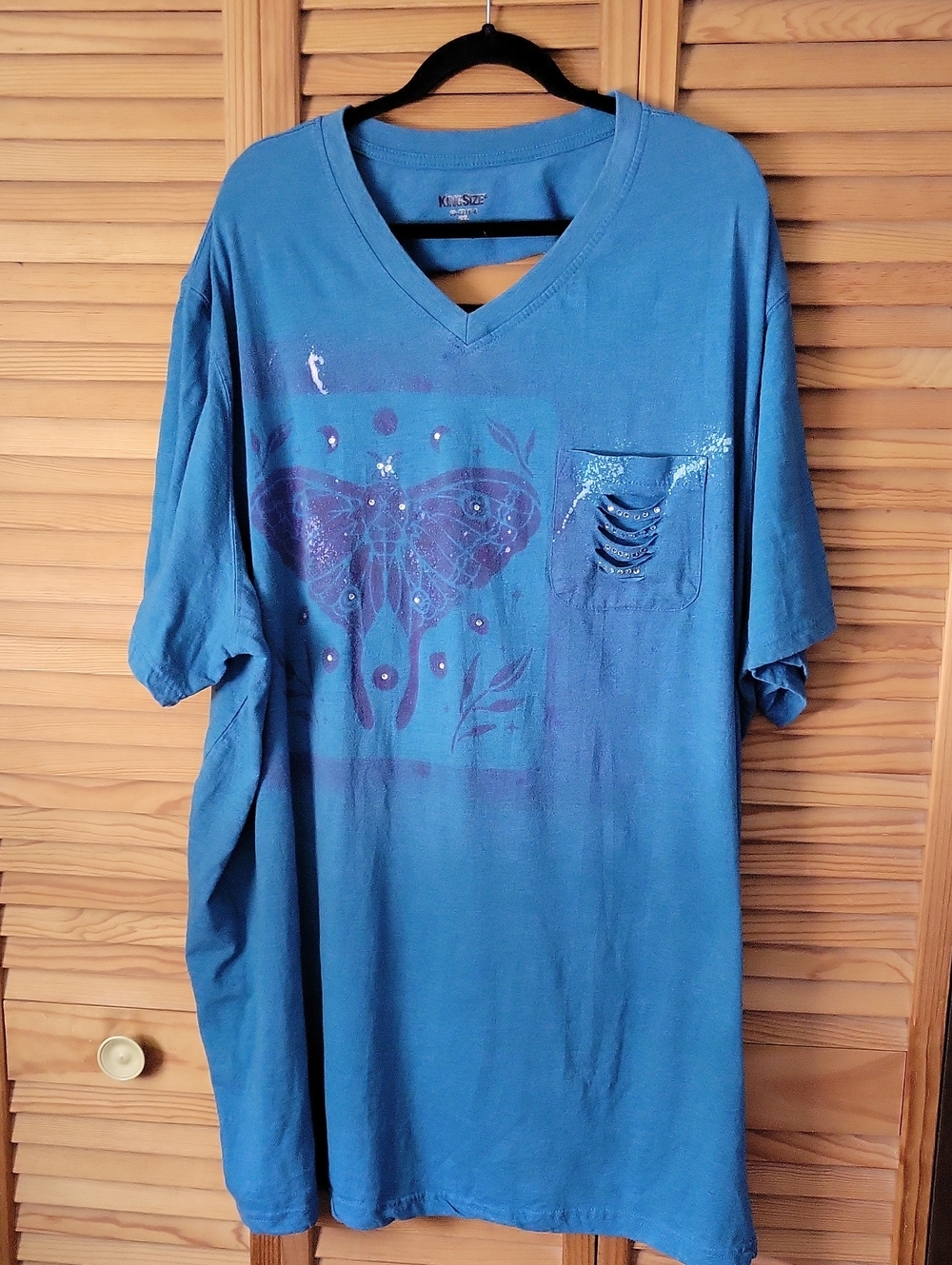 OOAK Upcycled Teal Blue Moth Crystal Shredded Back Whimsigoth Grunge Tee Size 4X